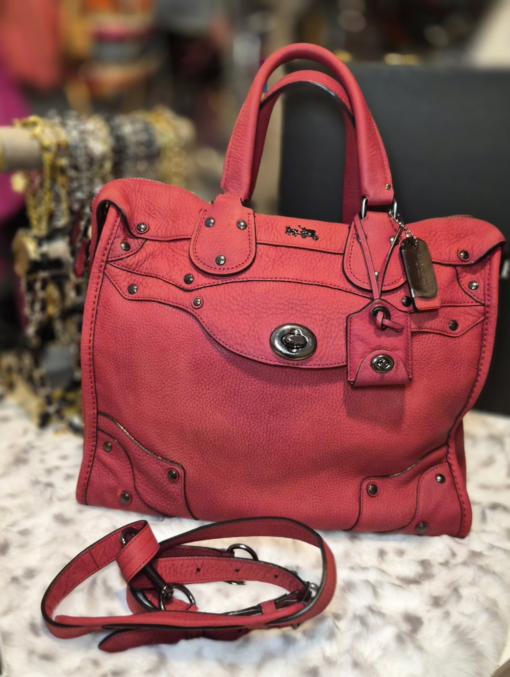 The Coach Elevated Rhyder 33 Satchel Tote in Rare Red Pebble Suede